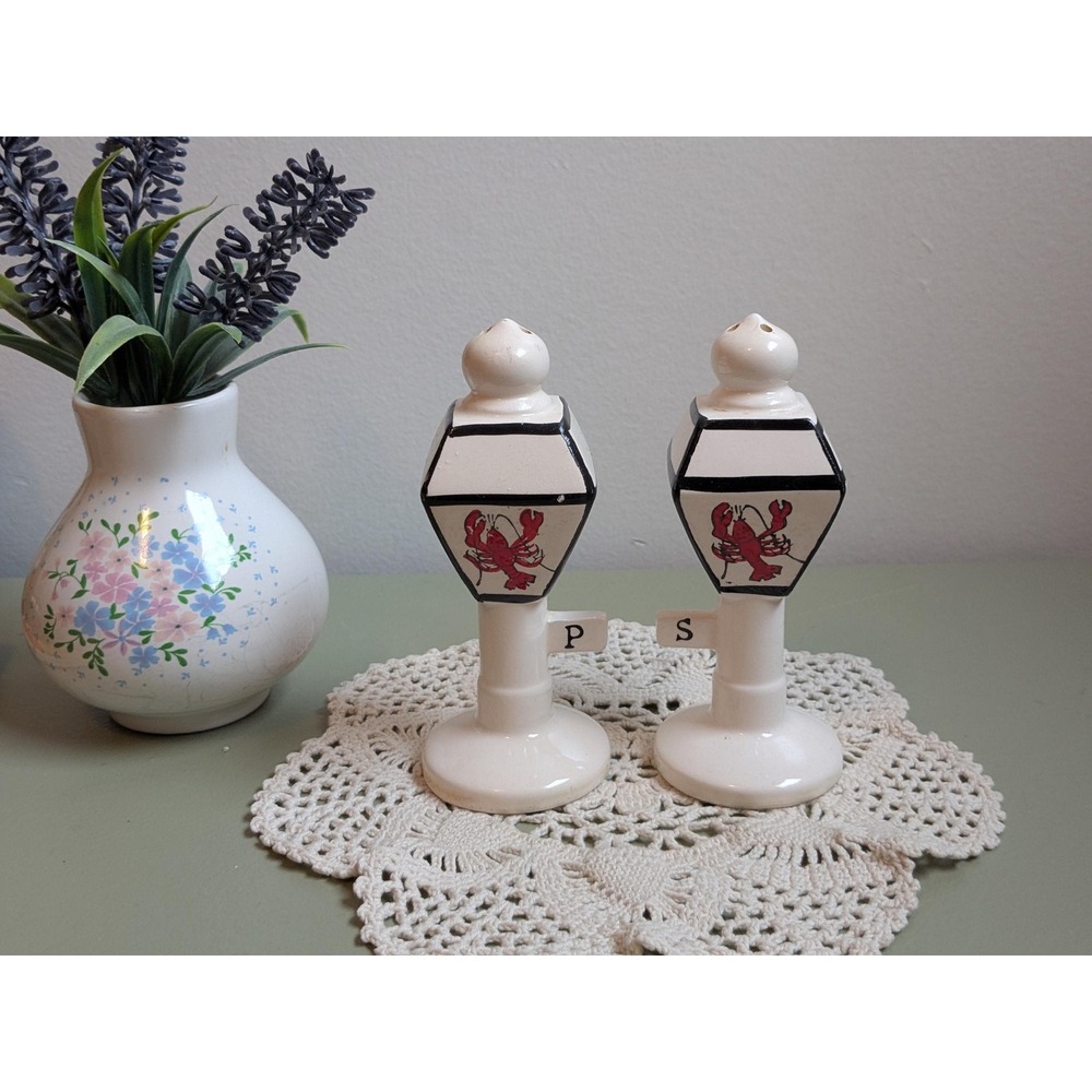 Vintage Lobster Salt & Pepper Shakers Lamp Post Ceramic Set Coastal Decor